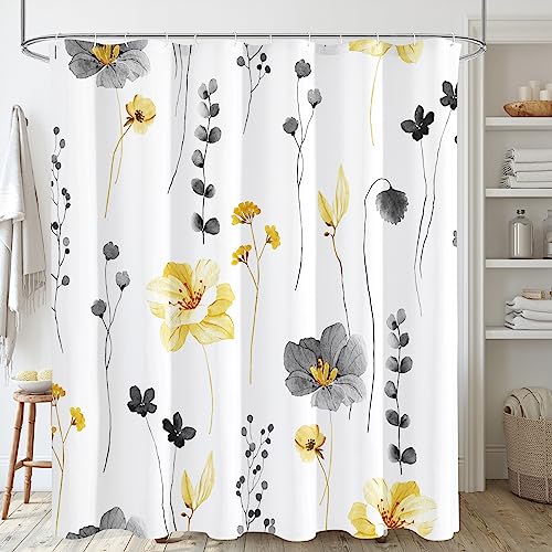 Gibelle Yellow and Grey Floral Shower Curtain Watercolor Flower Shower Curtain for Bathroom Modern Minimalist White Waterproof Fabric Shower Curtain Set 72x72 Inch