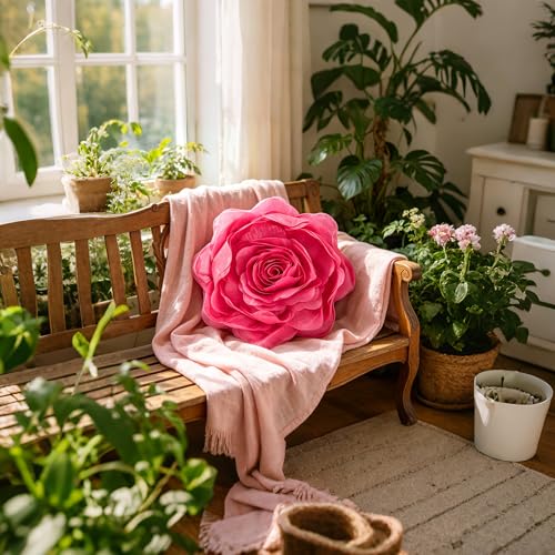 Image of JWH 3D Flower DecorativeThrow Pillow Covers, Hot Pink, 12 Inch