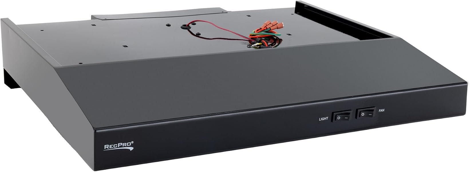 RecPro RV range hood in black with a charcoal filter and LED light