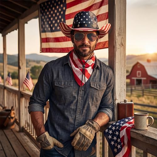 Image of 3 Pcs American Flag Cowboy Hat with Bandana and Glasses Cowboy Hat with Strap Halloween Cosplay Costumes for Masquerade