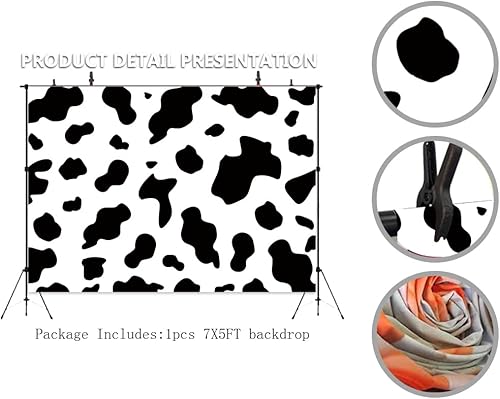 Miniatura 6 de Fondo de fotografía de fiesta de vaca de tela suave de 7 x 5 pies, fondo de fotos de granja de vacas en blanco y negro, fondo de fotos de feliz