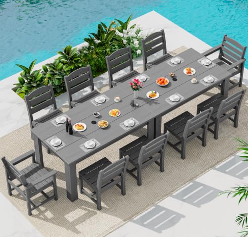 Image of SERWALL Outdoor Dining Set for 10, w / 2 Tables & 10 Chairs, Gray | All Weather Resistant HDPE Dining Sets for Patio, Garden, Backyard
