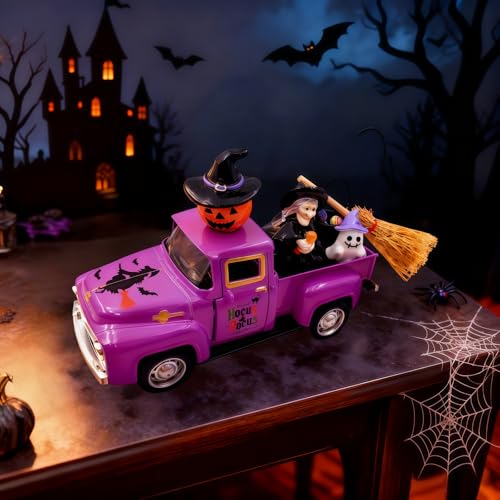 Witch Halloween Decor Indoor Vintage Metal Truck with Mini Witches Pumpkin Cauldron Ghost Figures Purple Hocus Pocus Tiered Tray Decor Halloween Witch Table Decorations for Home Kitchen Mantel Shelf