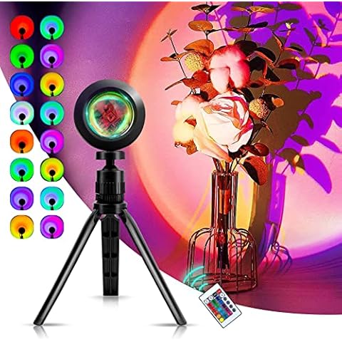 SerDa-Run Sunset Lamp Projection, [16 Colors-in-1] RGB Sun Mood Floor Night Light Bedside Lamps Rainbow 180° Rotation with Remote Control for Selfie Lighting Bedroom Living Room Party Decoration Cover