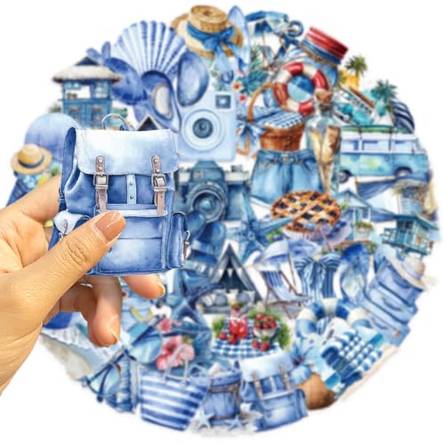 Image of 50PCS Transparent Blue Beach Stickers Aesthetic PET Stickers Blue Ocean Decal Waterproof Decorative Decals for Scrapbook DIY Crafts Album Bullet Journal Planner Water Bottles Laptop Phone (Blue-A)