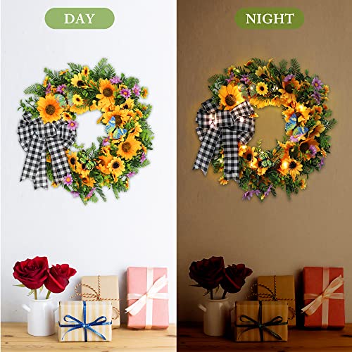 18 Inch Sunflower Wreath, Spring/Summer Wreath With Led Lights For Front Door Farmhouse, Handmade Silk Flower Wreath With Butterfly & Buffalo Plaid Bow For Wall Window Home Decor #TOP3