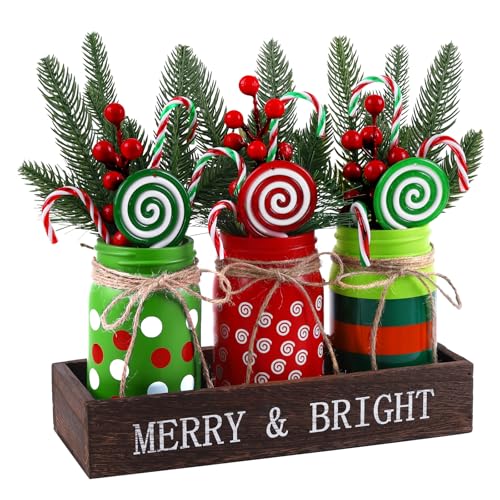 DIYDEC Christmas Mason Jars 3 * 5Inch Xmas Centerpieces for Tables Decorative Jars with Wood Tray & Artificial Pine Branches Bottles for Winter Holiday Home Farmhouse Indoor Table Decor Gift (Green)