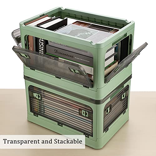 Btsky 2 Pack Clear Plastic 4 Doors Collapsible Storage Bins With Lid & Wheels 20 L Foldable Lidded Storage Box Multifunctional Stackable Folding Organizer Cube For Camping Clothes Toys Snacks Storage Box Container (Green) #TOP1