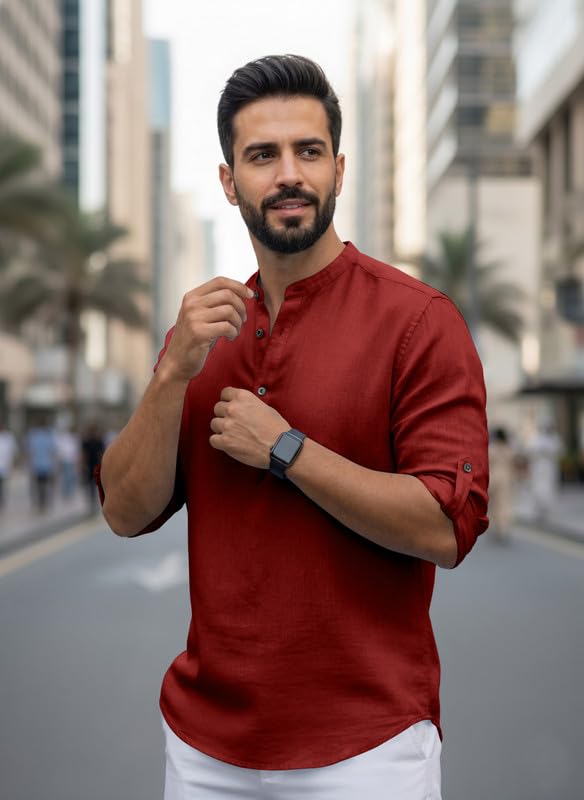 Image of Men Cotton Blend Mandarin Collar Casual Kurta Shirt | Roll-Up Sleeves | Regular Fit Ethnic Short Kurta for Daily