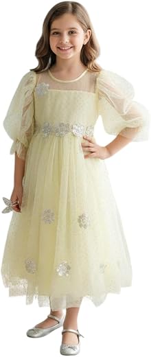 Aarika Girls Lemon Colour Net Self Design Gown