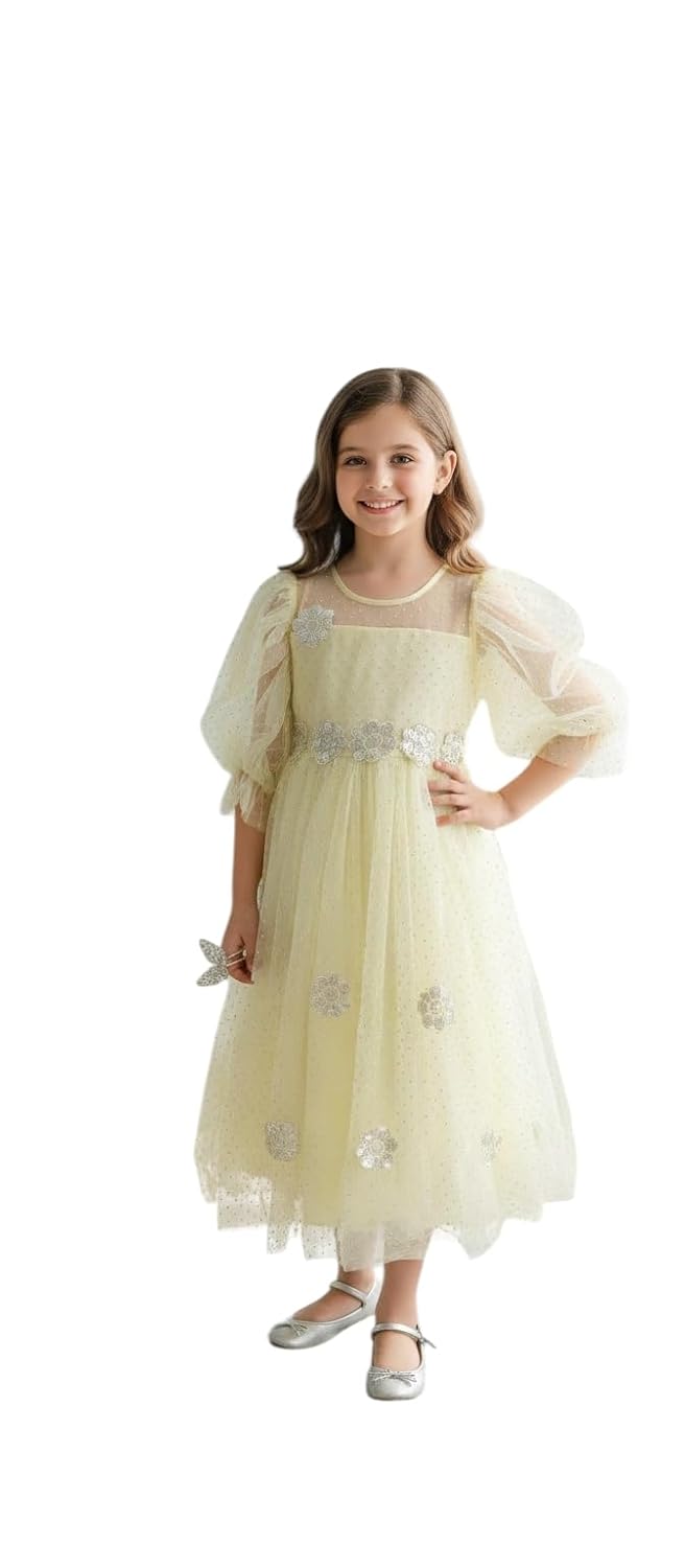 Aarika Girls Lemon Colour Net Self Design Gown - Review, Price and Buying Guide