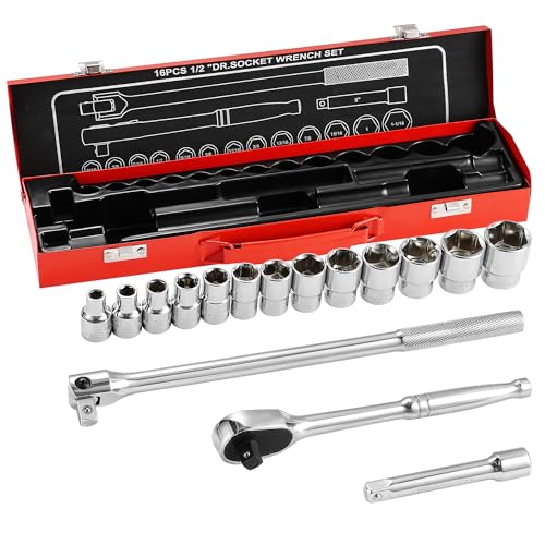 MAXPOWER 1/2' Drive Socket Wrench Set, 16-Piece, Including 13-Piece SAE Sockets, 1/2' Drive Breaker Bar, 1/2' Ratchet Wrench and Extension Bar