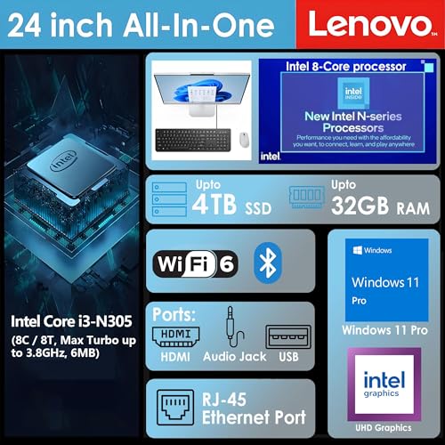 Image of Lenovo 24 All-in-One Desktop Computer, Intel 8-Core i3-N305 Processor, 32GB RAM, 1TB PCIe SSD, 23.8 inch FHD AIO, WiFi 6, Bluetooth 5.2, Ivory, Windows 11