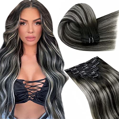 Image of LaaVoo Clip in Hair Extensions Real Human Hair Ombre Natural Black to Silver Grey with Black Remy Human Hair Extensions Clip ins Balayage Clip in Hair Extensions Long Straight 20 Inch 7Pcs 120g