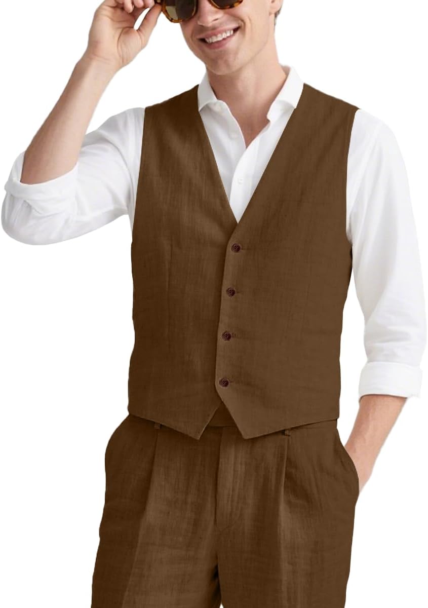 WOMS Mens Linen Suit 2 Piece Casual Summer Suits for Men Groomsmen Beach Wedding Party Vest Pants Suit