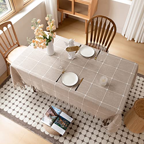 Inutowa Rustic Handmade Tassels Tablecloth - Waterproof Tablecloths For Rectangle Tables Wrinkle Free Oil Stain Resistant Outdoor Table Cover For Party Dining Plaid Table Cloths Coffee 55 X 70 #TOP3