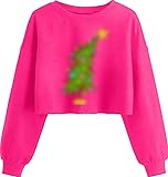 Jliqt Christmas Crop Sweatshirts for Womens Cute Christmas Tree Graphic Long Sleeve Shirt Xmas Holiday Party Crew Neck Tops(M,Rose 1)