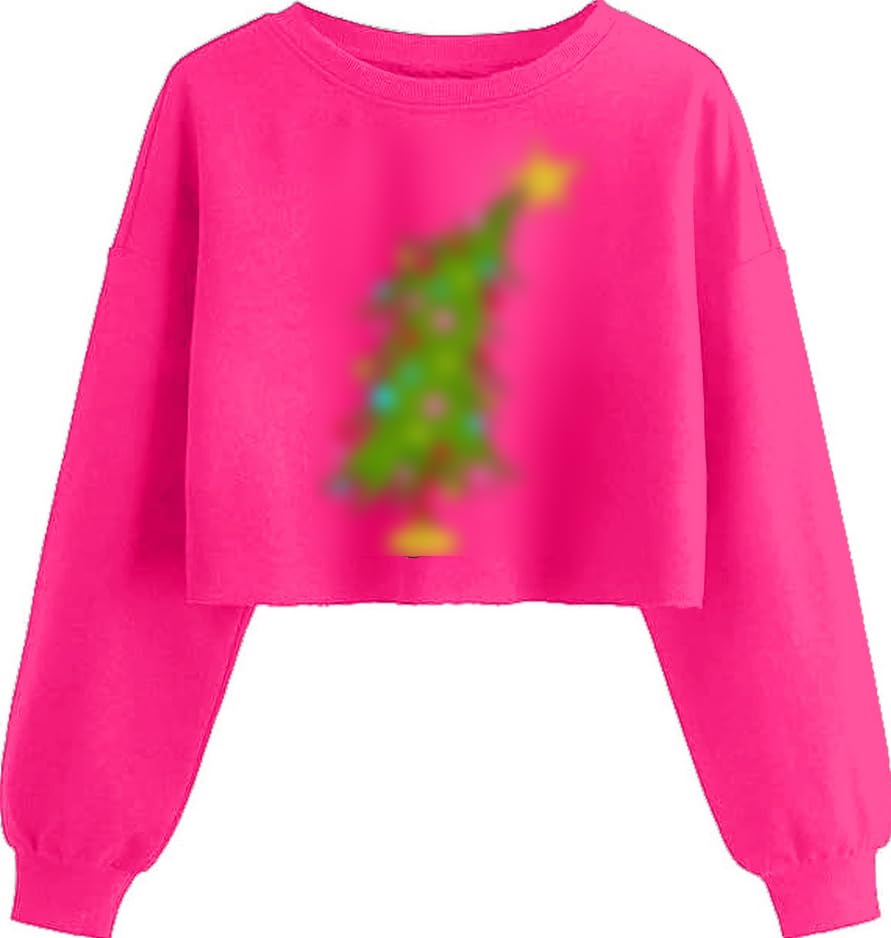 Jliqt Christmas Crop Sweatshirts for Womens Cute Christmas Tree Graphic Long Sleeve Shirt Xmas Holiday Party Crew Neck Tops(M,Rose 1)