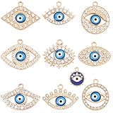 SUNNYCLUE 1 caja de 20 dijes de cristal de mal de ojo de 10 estilos de diamantes de imitación de mal de ojo a granel, aleación de metal, oro antiguo, azul, redondo, turco, para hacer joyas