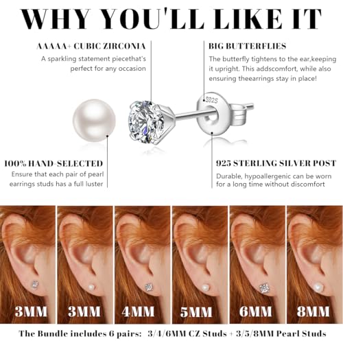 JEMARA Silver Stud Earrings for Women Hypoallergenic 925 Sterling Silver Stud Earrings Set 5A+ Cubic Zirconia Pearl Earrings for Women (6 Pairs) - Image 5
