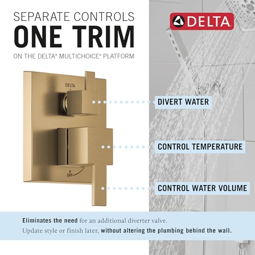 Image of Delta Modern 14 Series Square Rain Shower System Faucet Set, Rainfall Brushed Gold Shower Head and Handle Set, Valve Trim Kit, 10 Inch, Champagne Bronze T342701-CZ (Valve Not Included)