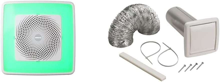 Broan-NuTone SPK110RGBL ChromaComfort Bathroom Exhaust Fan with Sensonic Bluetooth Speaker and LED Light, White & WVK2A Flexible Wall Ducting Kit for Ventilation Fans, 4-Inch