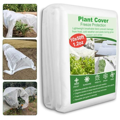 SPORTYOUTH Plant Covers Freeze Protection 10 x 50 FT 1.2 oz/yd² Frost Cloth Blankets Large Thicker Garden Floating Row Cover Fabric for Outdoor Plants Winter Cold Fruits Flowers Protection, White