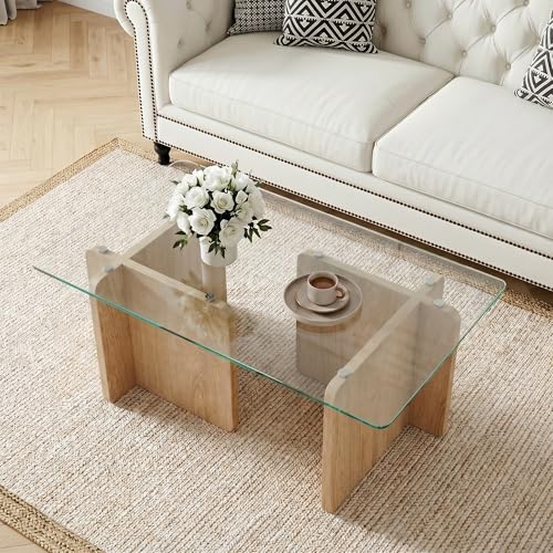 Zelurelle Modern Glass Coffee Table, 39.4 Inches Rectangular Center Table