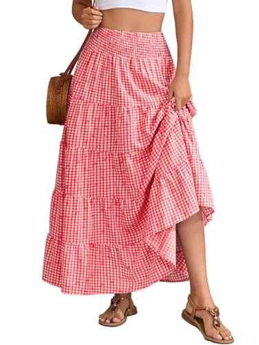 Lyrur Women’s Gingham Skirt Boho Smocked High Waist Summer Floral Flowy Long Maxi Skirts with Pockets (M,7088-Red Gingham)