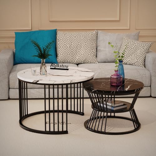 Image of RIZIK Store Iron Frame Handmade 20.5 inch x 20.5 inch Round Coffee Table /Nesting Table /Side Table /Center Table with Engineered Wood Top for Living Room /Drawing Room /Balcony (White Black)
