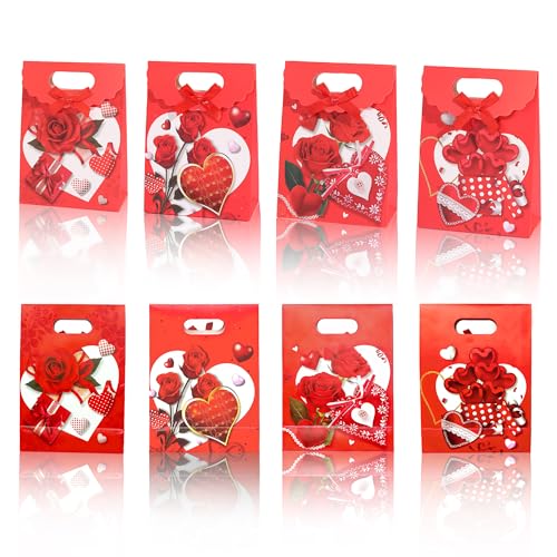 Daomong Valentines Day Bags 12 PCS Heart Rose Gift Bags Resealable Paper Candy Bags for Valentines Party Favors Classroom Parties Wedding Holiday Decorations