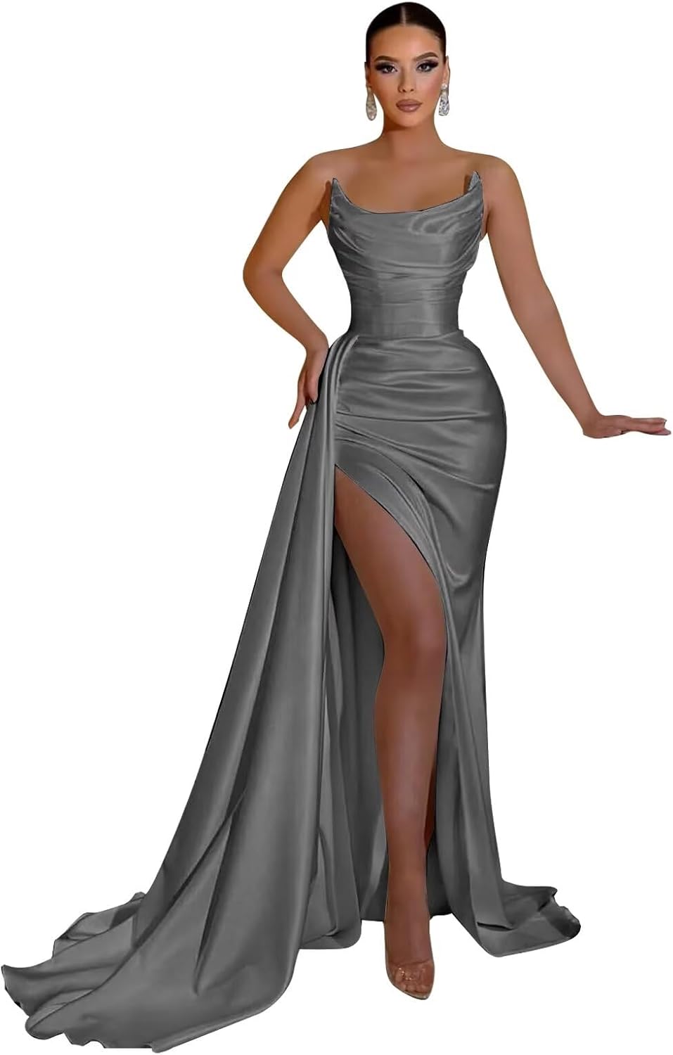strapless open back dress Silver Prom Dresses Deep V-Neck Short Sleeves Stretch Satin Prom Dress main image 1