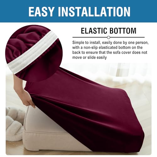 Image of Couch Cover 4-Piece Elastic Velvet Couch Cushion Covers & Chaise Slipcovers for L-Shaped Sofas, Sofa Seat Covers Washable, Soft Cover for Couches (3 Seater + Chaise, Wine)