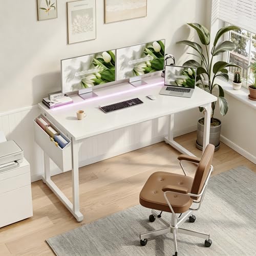 Image of DurayLoly 48 Inch Computer Desk with LED Lights for Home Office,Bedroom Study Desk for Teens, Sturdy Metal Frame,Headphone Hook & Storage Bag,Small Space Design,White