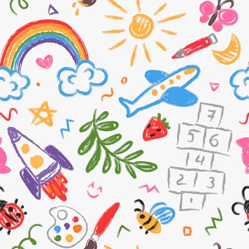 VaryFloral Crayon Doodle Wallpaper for Kids Room Cartoon Rainbow Rocket Plane Wallpaper for Nursery Peel and Stick Hand Drawn Cute Contact Paper Childish Wall Paper for Boys Bedroom 17.7x157