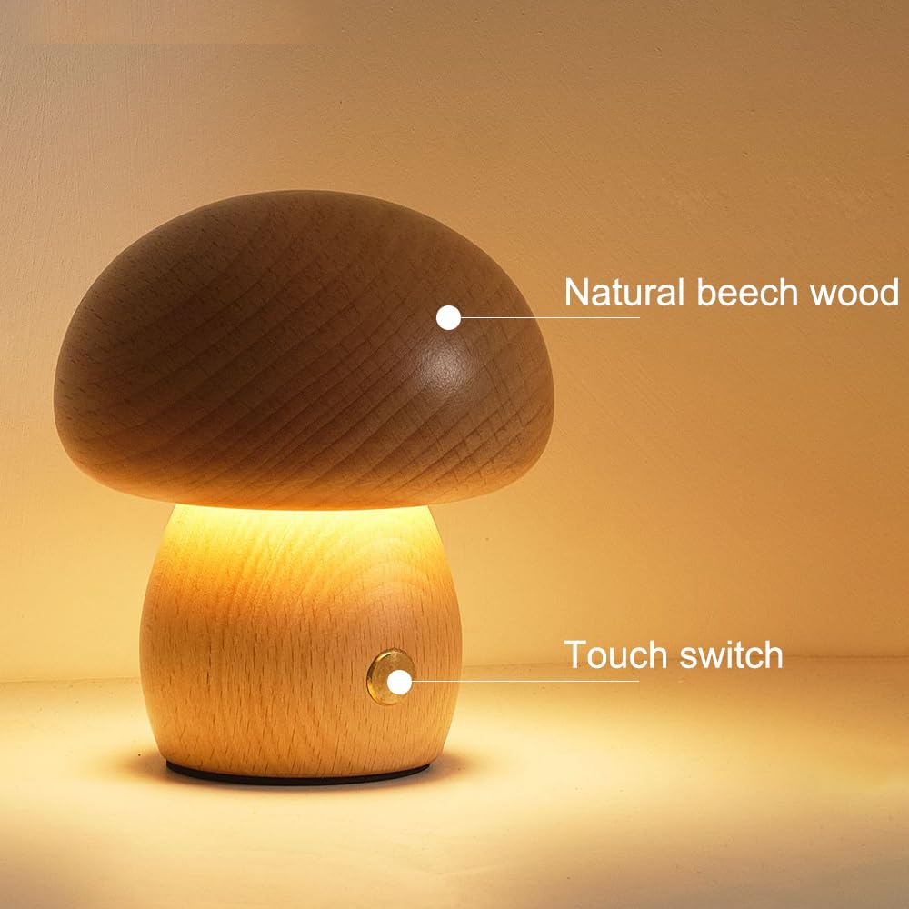 BDKMMS Wooden Mushroom Lamp, Cordless Nightstand Light with 5-Speed Brightness, Rechargeable Table Night Lamp for Bedroom Living Room - Image 2
