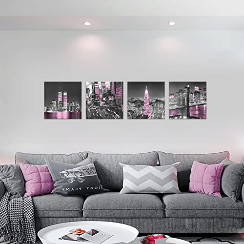 New York City Canvas Wall Art Print Black And White Brooklyn Bridge,Empire State Building Wall Art Modern Giclee Artwork For Office Home Decor 12X 12 Inch (Pink Purple, 14"X14") #TOP1