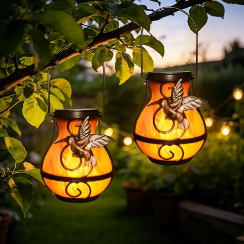 2 Pack Solar Lights Outdoor Garden, Dancing Flame Outdoor Solar Hanging Lantern with Realistic Flickering Flame, LED Waterproof Garden Ornament for Outside, Patio, Table, Halloween Decor