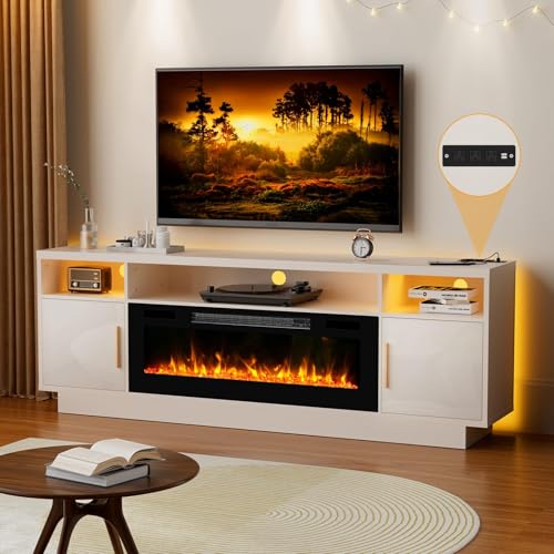 Kucreiheat Fireplace TV Stand for 65-80 inch TV, Large Entertainment Center with Fireplace,Power Outlet & LED Lights,High Gloss Living Room Storage Cabinet, White, 70''(High)