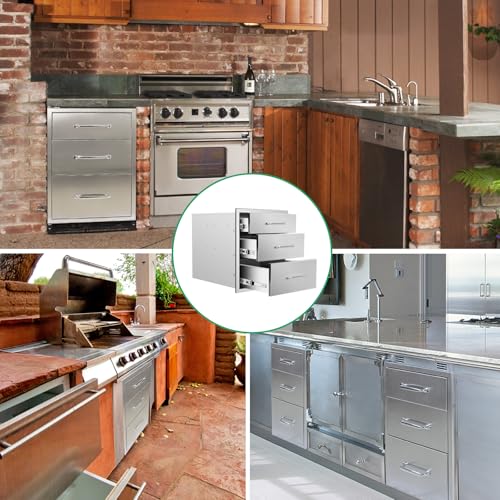 Image of Outdoor Kitchen Drawers 18 inch W x 21 inch H x 23 inch D Stainless Steel Triple Drawers with Ergonomic Handle for BBQ Island, Patio Grill Station & Outdoor Kitchen Cabinets