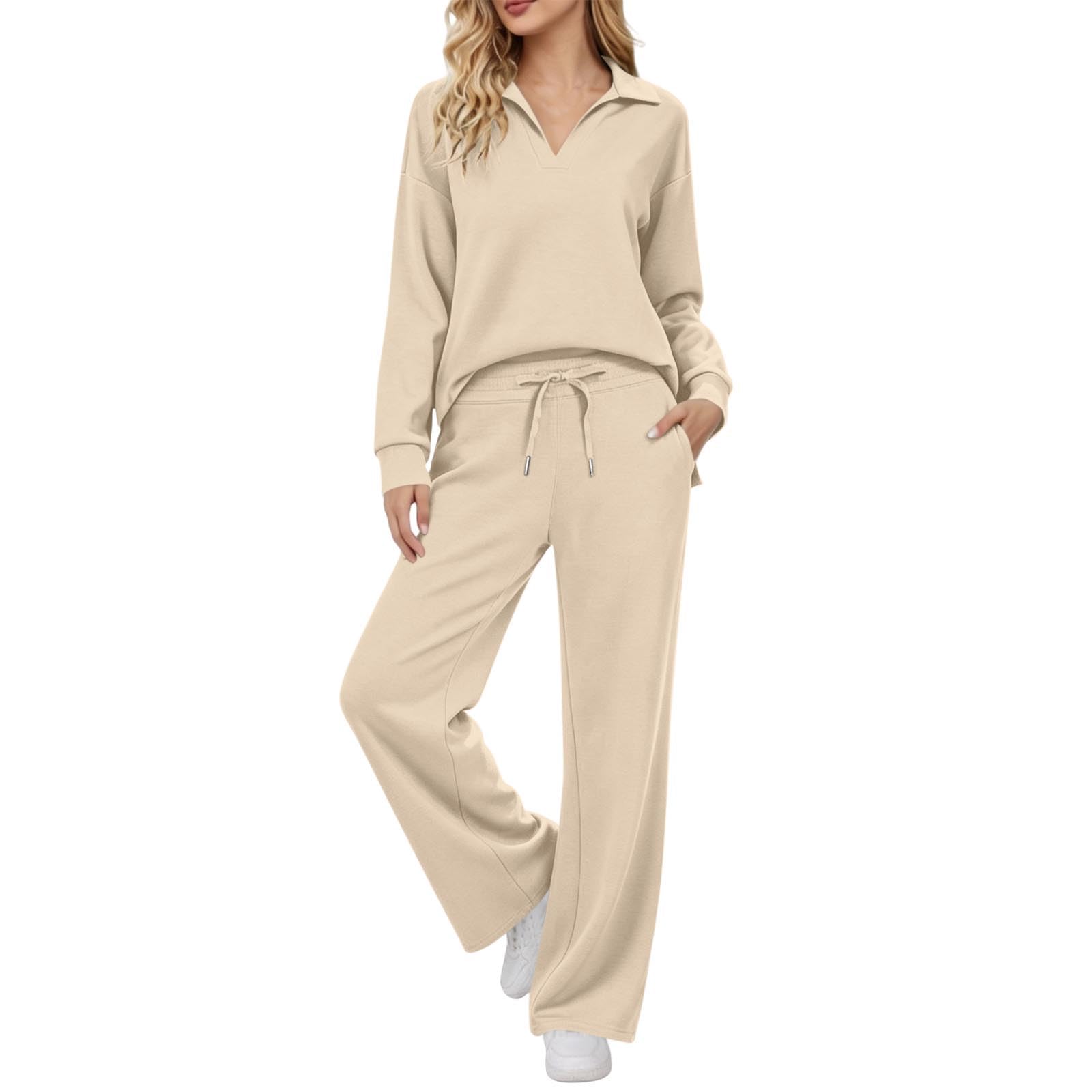 Ensemble Jogging Femme Survêtement Femme Haut Col Revers Et Jogging Pantalon Large Femmes 2 Pièces Activewear Automne Hiver Loungewear Set Doux Et Confortable Ensemble De Sport