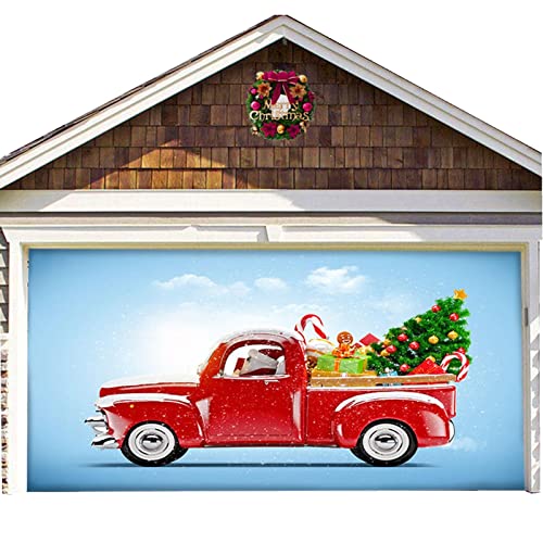 Cobertura de Natal da porta da garagem, Red Truck Mural Backdrop com 6 No Trace Nails, Fornecimento