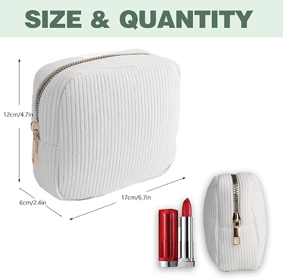 Cosmetic Bag Small for Handbag with Metal Zip Make Up Bag Small Mini Makeup Bag Women's Toiletry Bag Women's Travel Essentials Bag Cord Fabric White for Toiletry Bag