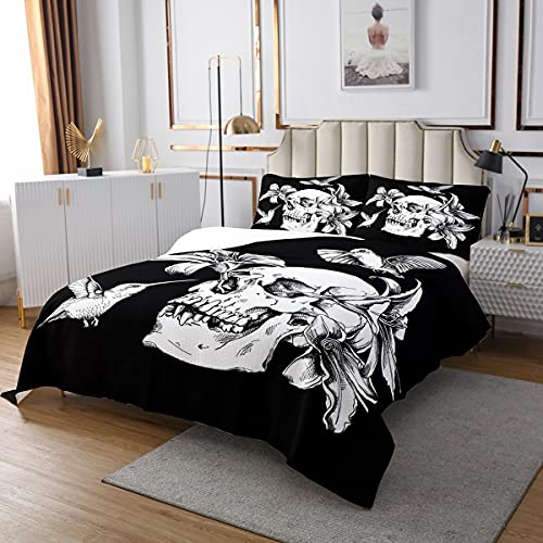 Homewish Totenkopf für Teens Room Decor,Botanische Blatt Tagesdecke 220x240,Halloween Skelett Knochen Bettdecke Set Gothic Spooky Tagesdecke Quilt Set,Dekorativ 3 Stücke mit 2 Kissenbezüge,Grau Weiß