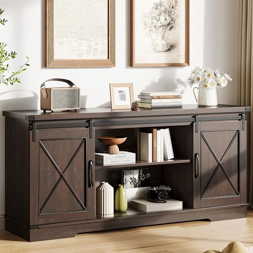 IDEALHOUSE Farmhouse TV Stand and Entertainment Center for Tv up to 65 inches with Sliding Barn Doors and Adjustable Shelf, Tv Media Console Table with Storage Cabinet for Living Room, Brown by IDEALHOUSE - Used condition - Image 8