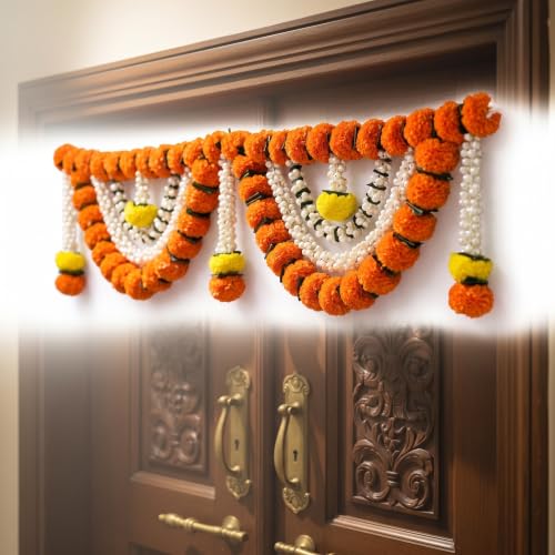 Store Indya Artificial Marigold & Pearl Toran Traditional Decorative Flower Door Hanging for Diwali Pooja Weddings Festivals & Home Entrance Dcor