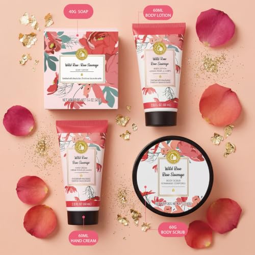 BODY & EARTH # LOVE Hand Cream Gifts Set for Women, 4PCS Wild Rose Bath and Body Gift Set with Hand Cream, Body Lotion, Body Scrub, Soap, Self Care Kit Spa Gifts for Women Christmas Gift for Her - Image 2