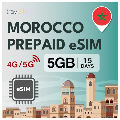 travSIM eSIM Marruecos | 15 días – 5GB de Datos | Datos de Alta Velocidad 5G/4G | Acceso Ilimitado a Google, Facebook, Whatsapp, Instagram y más