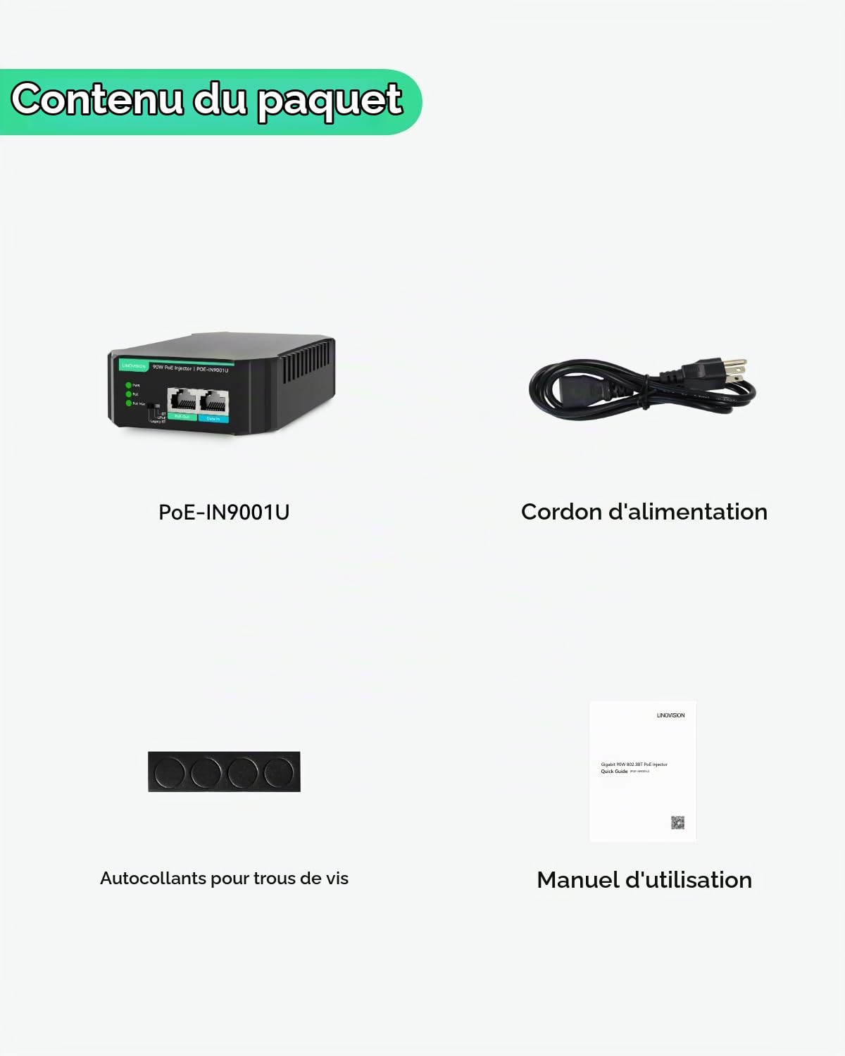 LINOVISION Injecteur PoE Gigabit 90W 802.3bt, Compatible avec Les dispositifs PD Standard et Non Standard, Injecteur PoE++ pour caméra PTZ à Haute consommation, téléphone VoIP