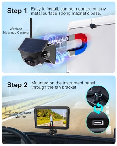 Image of AI Magnetic Solar Wireless Backup Camera: Pedestrian & Vehicle Detection, 1-Min Install, No Wiring /Drilling, Gesture Control, Night Vision, 5 inch 1080P Monitor for RV, Trailer, Truck, Motorhome, Camper